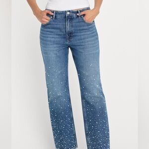 QH Jeans Women Studded Embellished Straight Leg Light Wash Denim BP1176 Size L